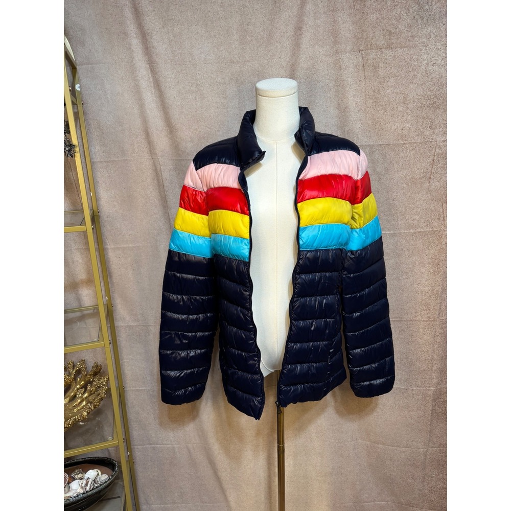 AQUA Womens Rainbow Stripe Puffer Jacket Navy Blue Quilted Zip‎ Up Coat Medium